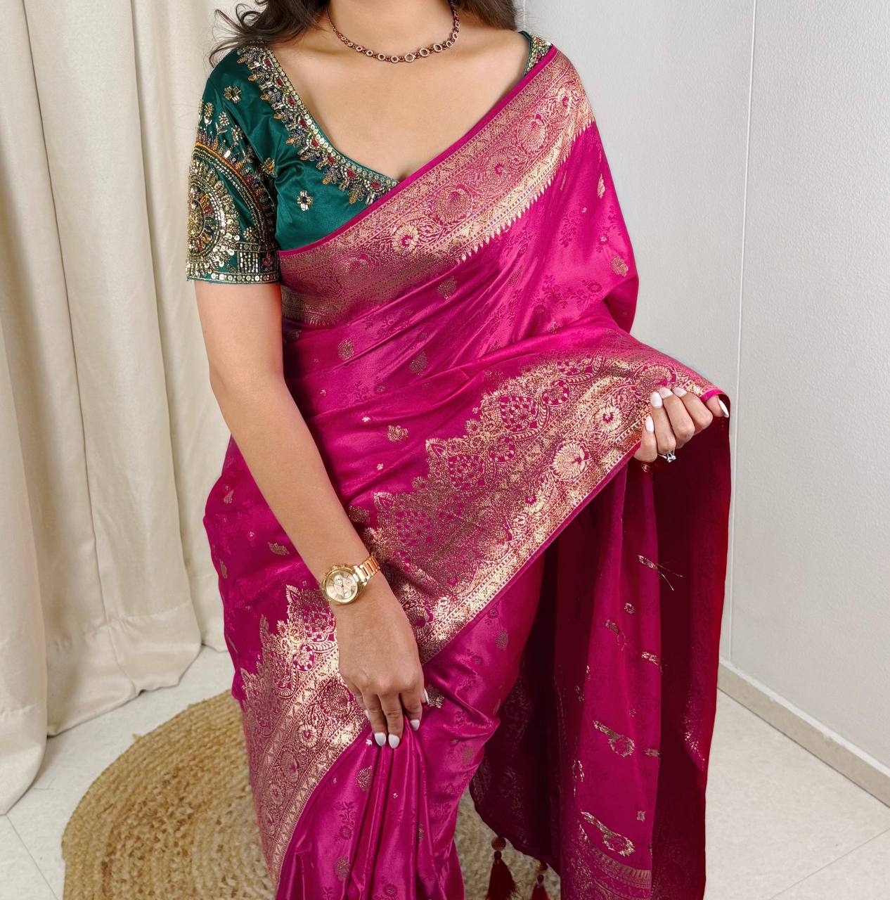 Laksharaa Sarees RANI Premium Banarasi Saree with Handwork Blouse Hot Pink