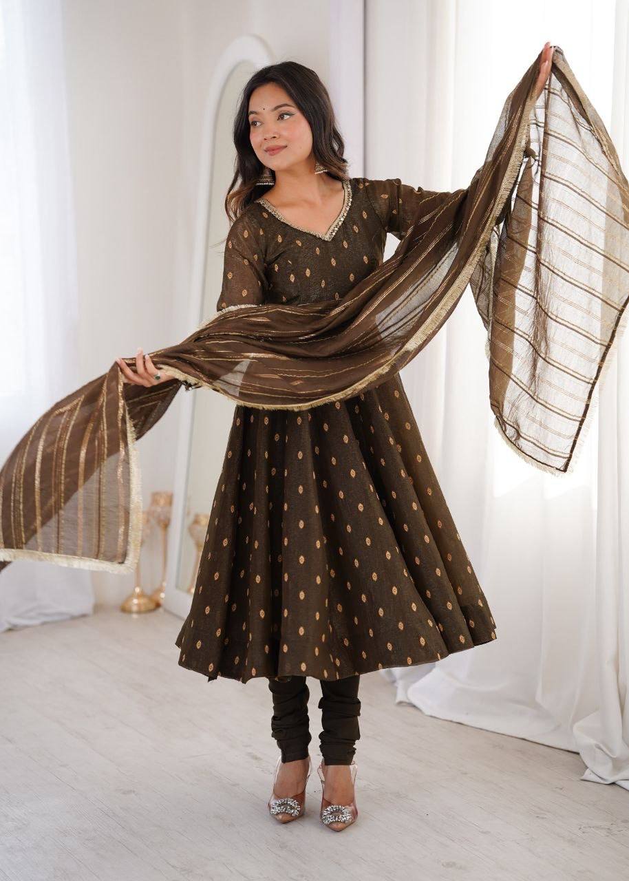 Laksharaa Sarees SHAKIRA — Crunchy Silk Anarkali Suit Dark Brown Dupatta Display
