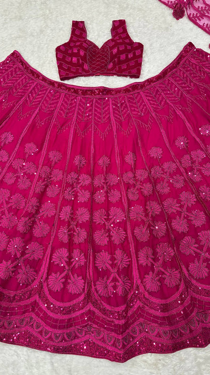 Laksharaa Sarees Premium Rani Pink Floral Lehenga Rani Pink skirt and blouse close-up
