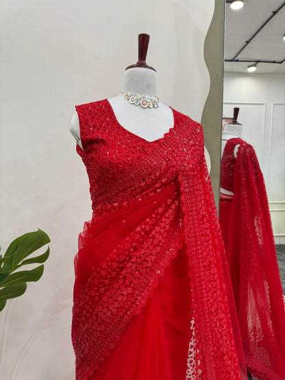 SWARNAA - Red Partywear Saree x Embroidered Work