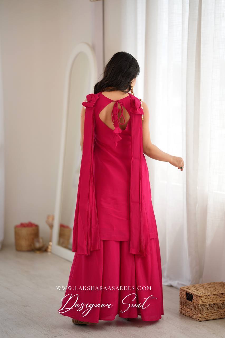 Laksharaa Sarees VARSHI Rani Pink Sharara Suit with Bow Shawl Back View
