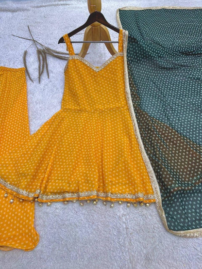 Laksharaa Sarees HANI bandhani print Sharara suit Yellow Flat Lay Front