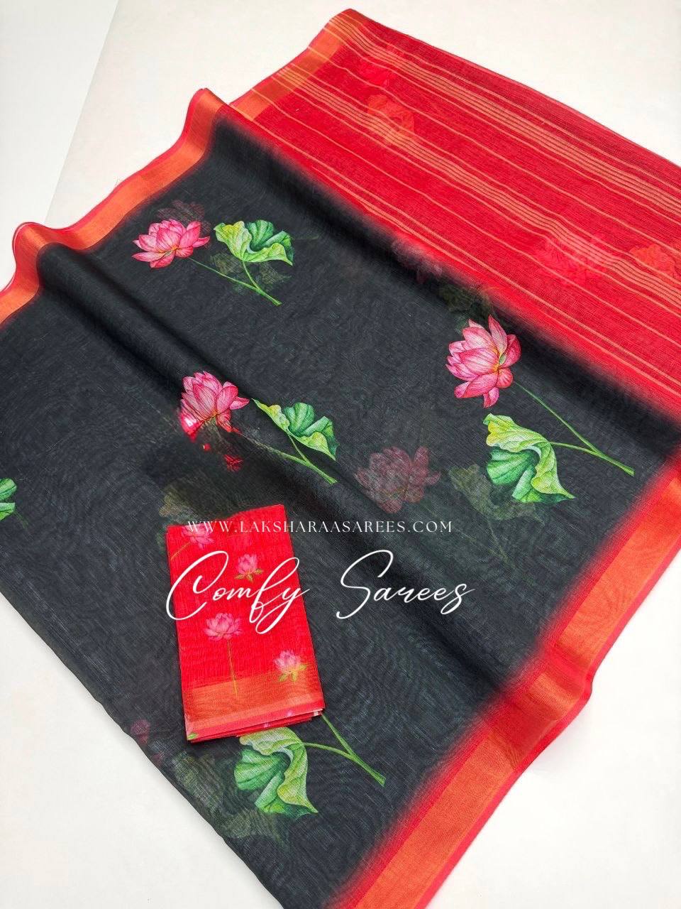 Laksharaa Sarees MINNAL - Floral Linen Saree Black and Red