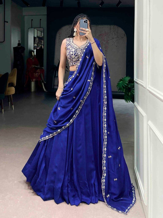 Laksharaa Sarees MAYA - Kashmiri Flowy Lehenga Royal Blue front view with embroidered blouse and draped dupatta