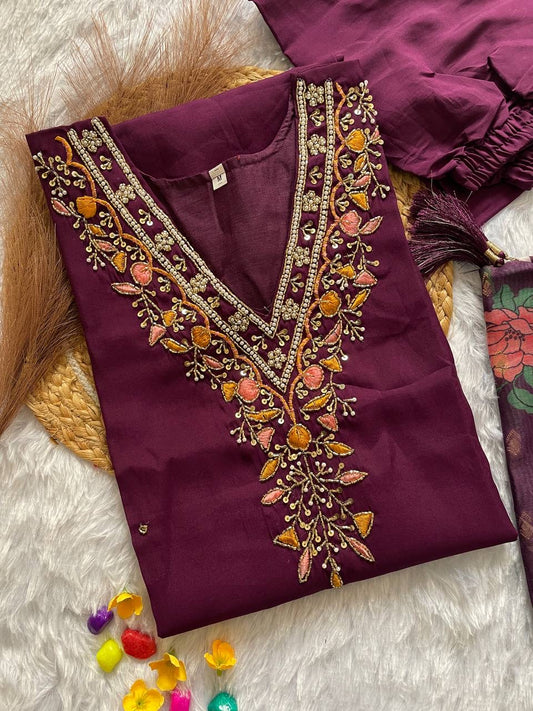 Purple Floral Kurti Set