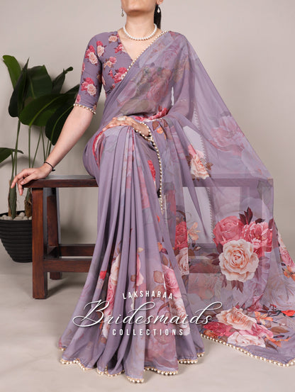 Partywear Floral Pearl Georgette Saree x Pearl Border