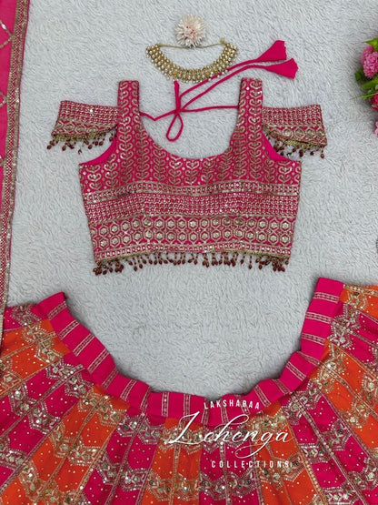 JUHI - Pink x Orange Multi Coloured lehenga