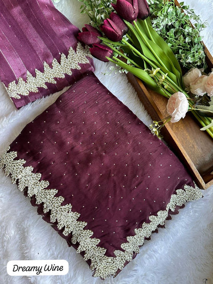 Shimmer Silk Saree - Pearl leaf border