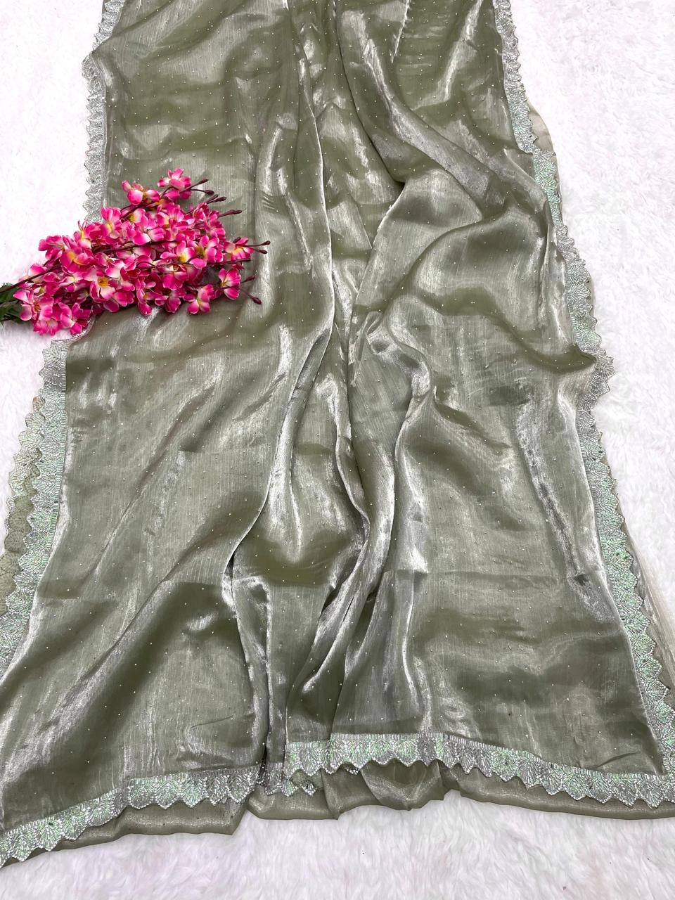 ARIA 2.0 — Shimmer Silk Saree x Silver Jarkan Border