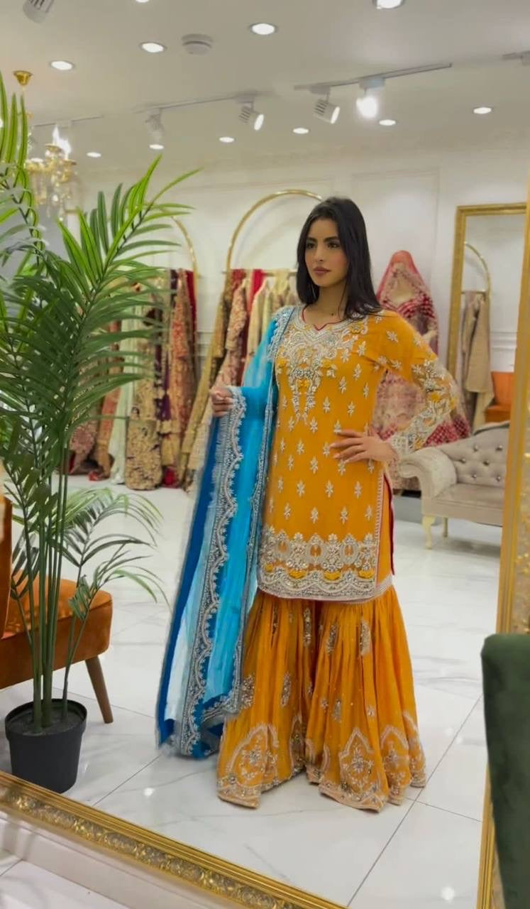 Abeeha Mustard X Blue Sharara Suit