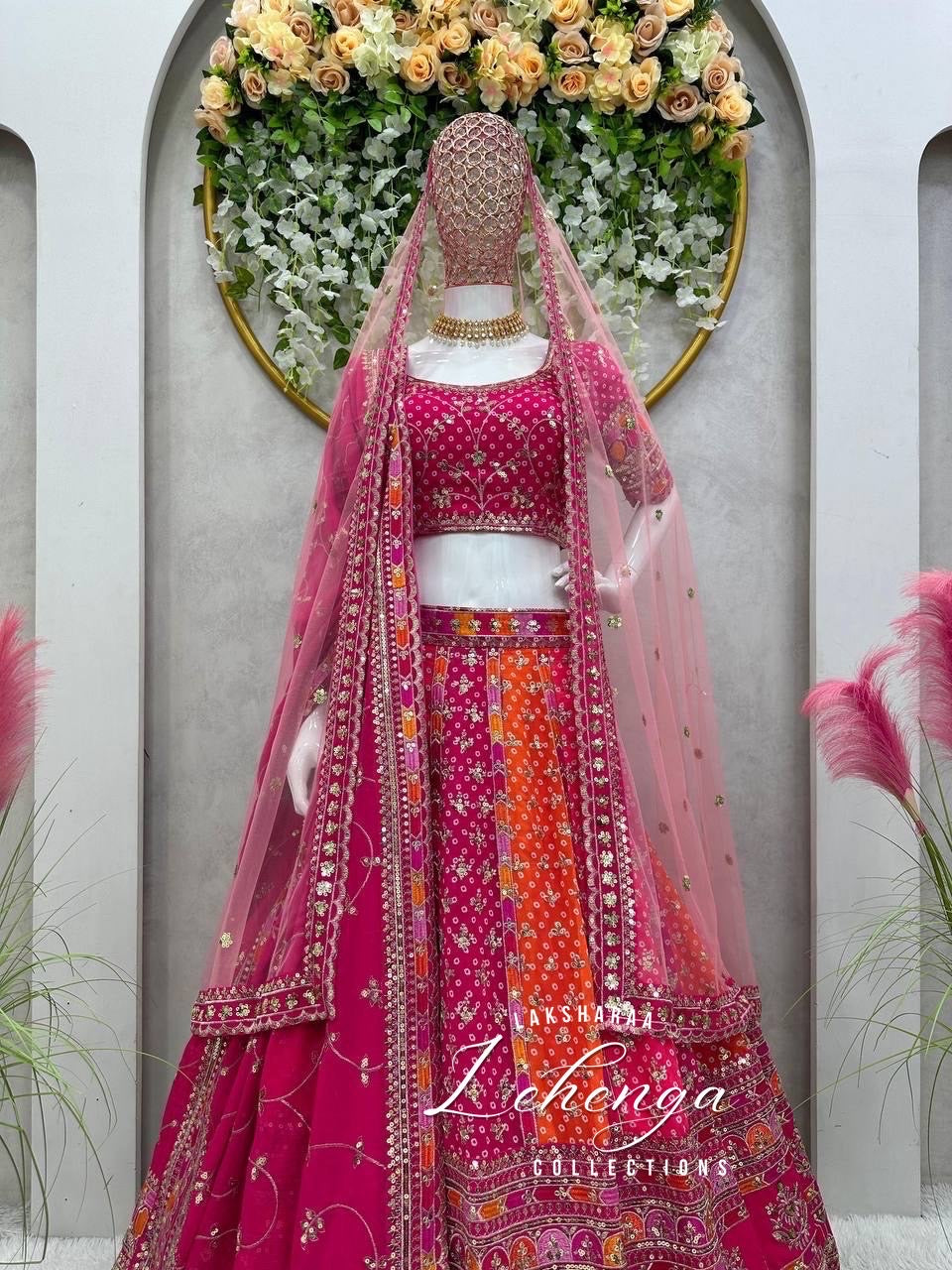 JUHI - Pink x Orange Multi Coloured lehenga - Laksharaa Sarees