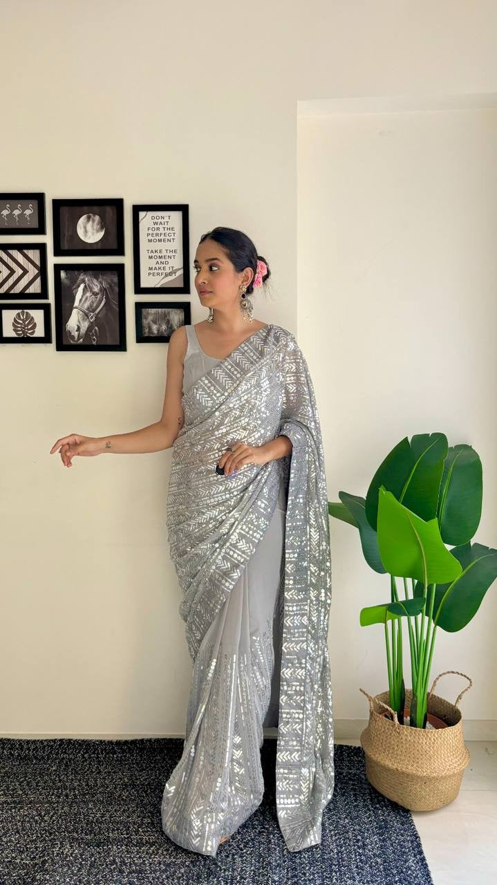 Grey x Silver Georgette Partywear Sequinned Saree