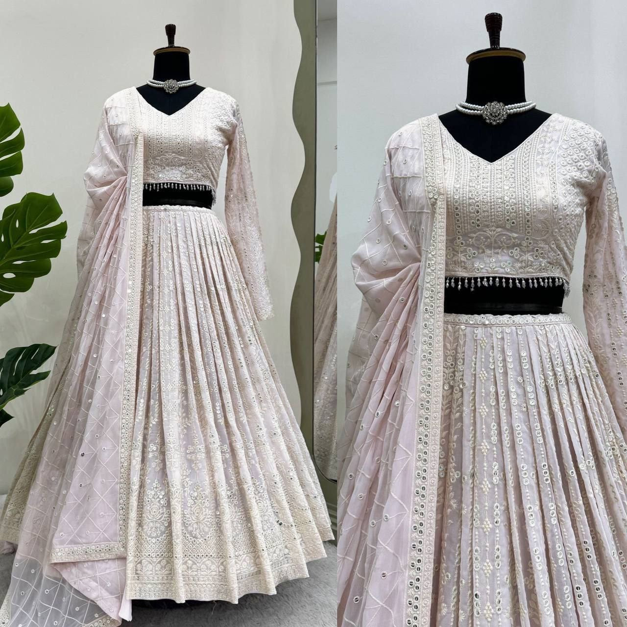 MIRAA - Pinkish White Georgette Lucknowi Lehenga