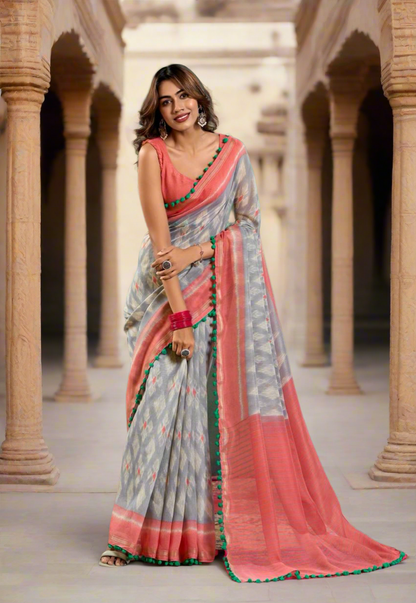 Colourful Mul Mul Cotton Saree x Pom Pom Border