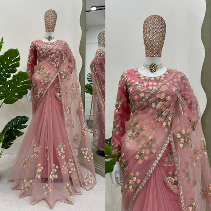 Pink Floral Georgette Net Partywear Saree