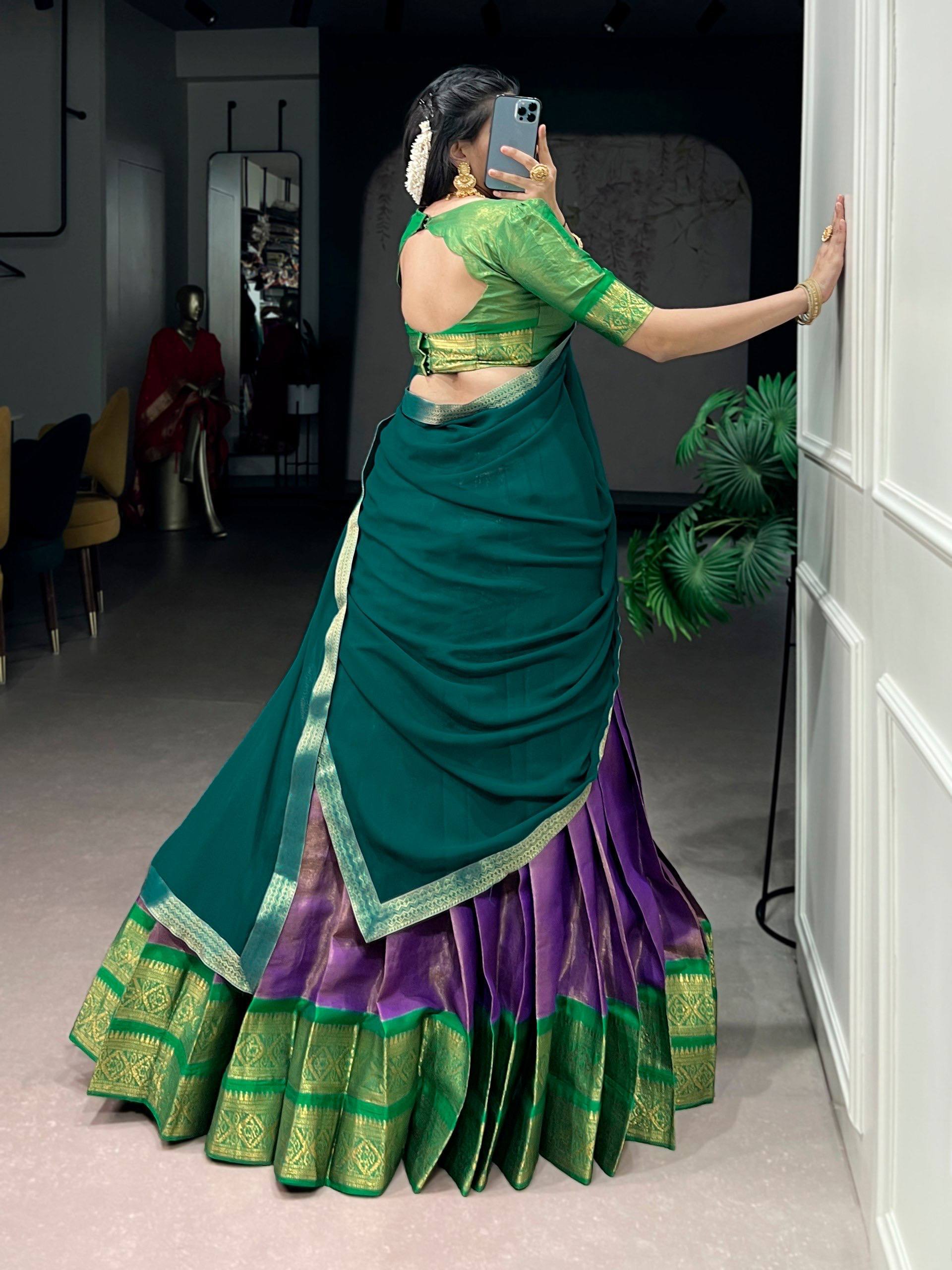 Laksharaa Sarees TARINI - Kanchi Cotton Silk Half Saree Lehenga Teal and Purple