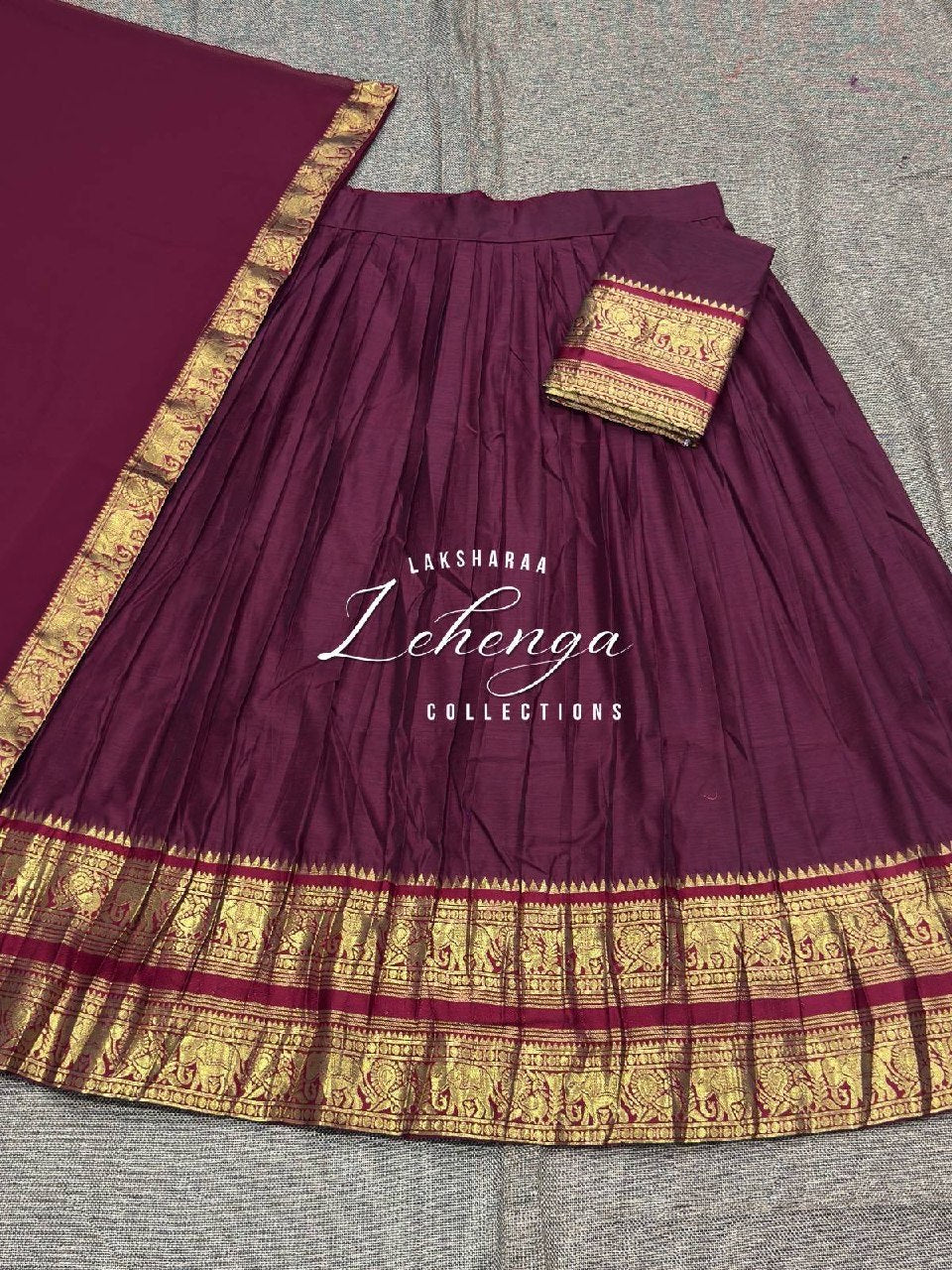 Laksharaa Sarees VAISHALI - Kanchi Cotton Half Sarees Lehenga Burgundy with maroon and gold peacock border