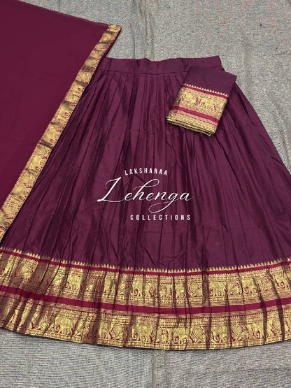 Laksharaa Sarees VAISHALI - Kanchi Cotton Half Sarees Lehenga Burgundy with maroon and gold peacock border