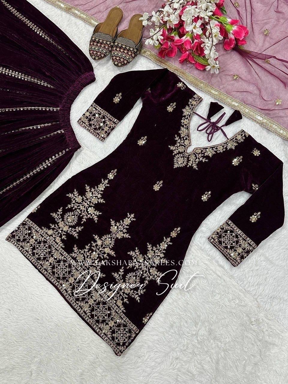 Laksharaa Sarees TABITHA velvet Sharara suit Top Burgundy flat lay detail