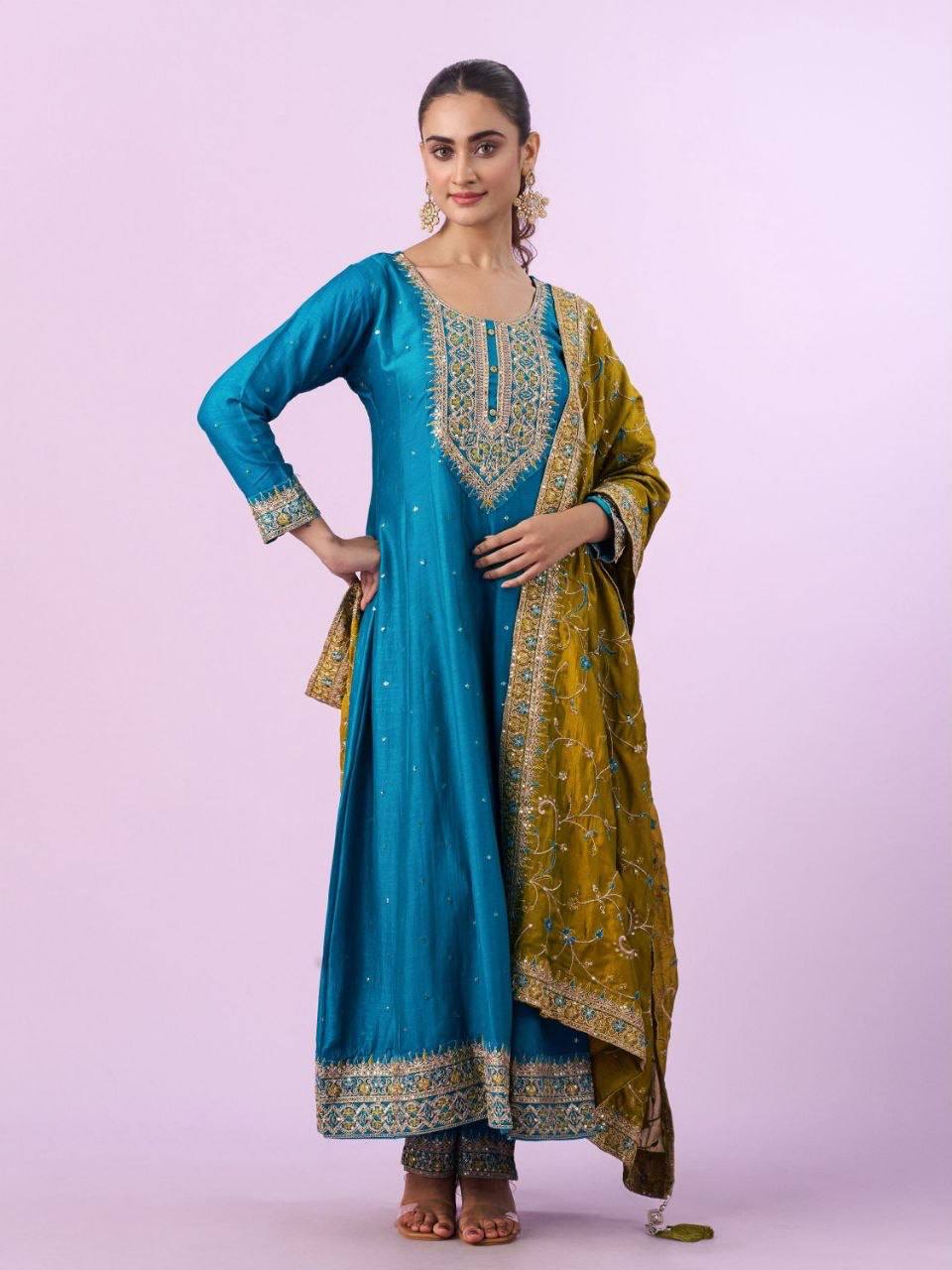 Laksharaa Sarees Festive Vichithrah Silk Kurti Set Teal Worn by Model with Shawl Full View
