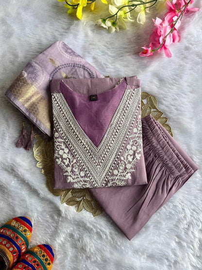 Laksharaa Sarees Lilac Comfy Roman Silk Kurti Set Top View