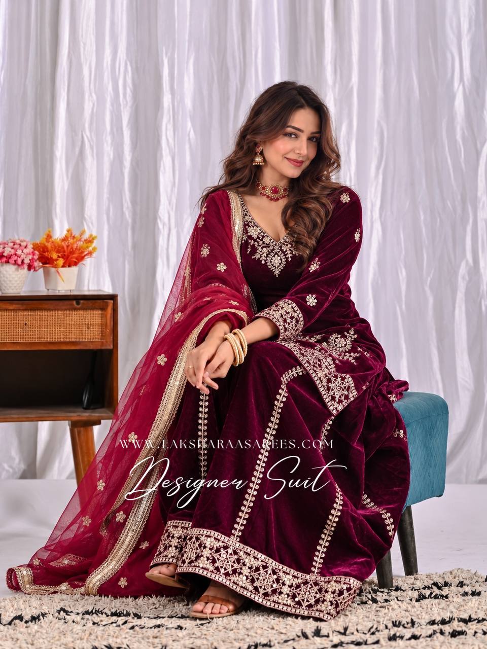 Laksharaa Sarees TABITHA velvet Sharara suit Burgundy worn by model