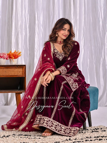 Laksharaa Sarees TABITHA velvet Sharara suit Burgundy worn by model