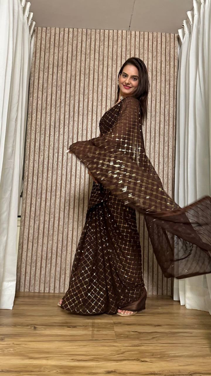 VARSHA - Brown Partywear Sequinned Saree