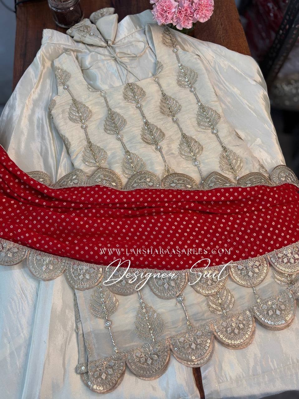 Laksharaa Sarees RESMA - Chinnon Designer Suit Off-White with Red Dupatta Components Flat Lay