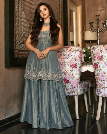 Laksharaa Sarees Shimmer Sharara Suit Teal Worn by Model