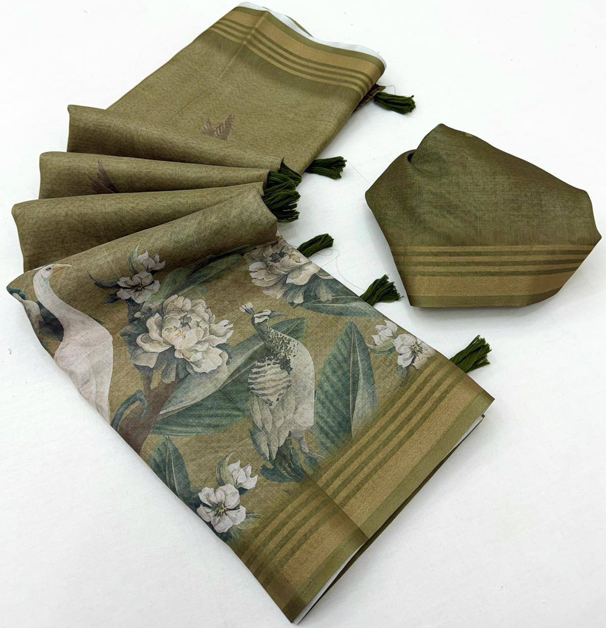 Laksharaa Sarees beautiful linen Saree Olive Green folded with blouse piece