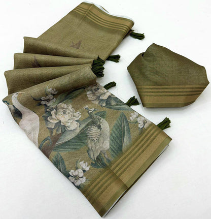 Laksharaa Sarees beautiful linen Saree Olive Green folded with blouse piece