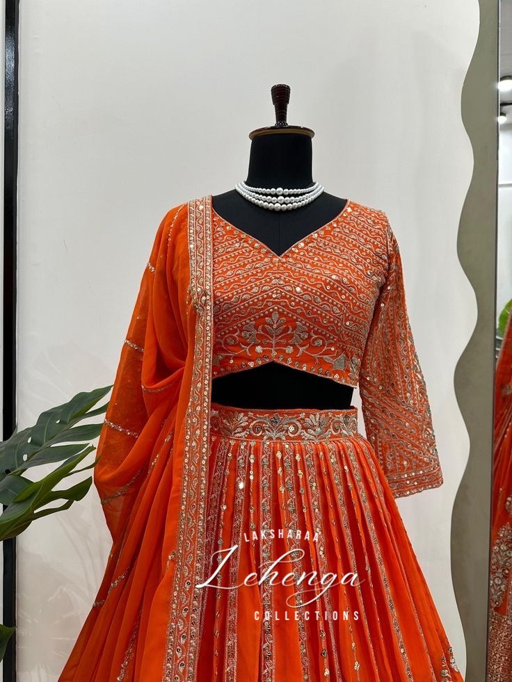 VINALI - Premium Orange Georgette Lehenga