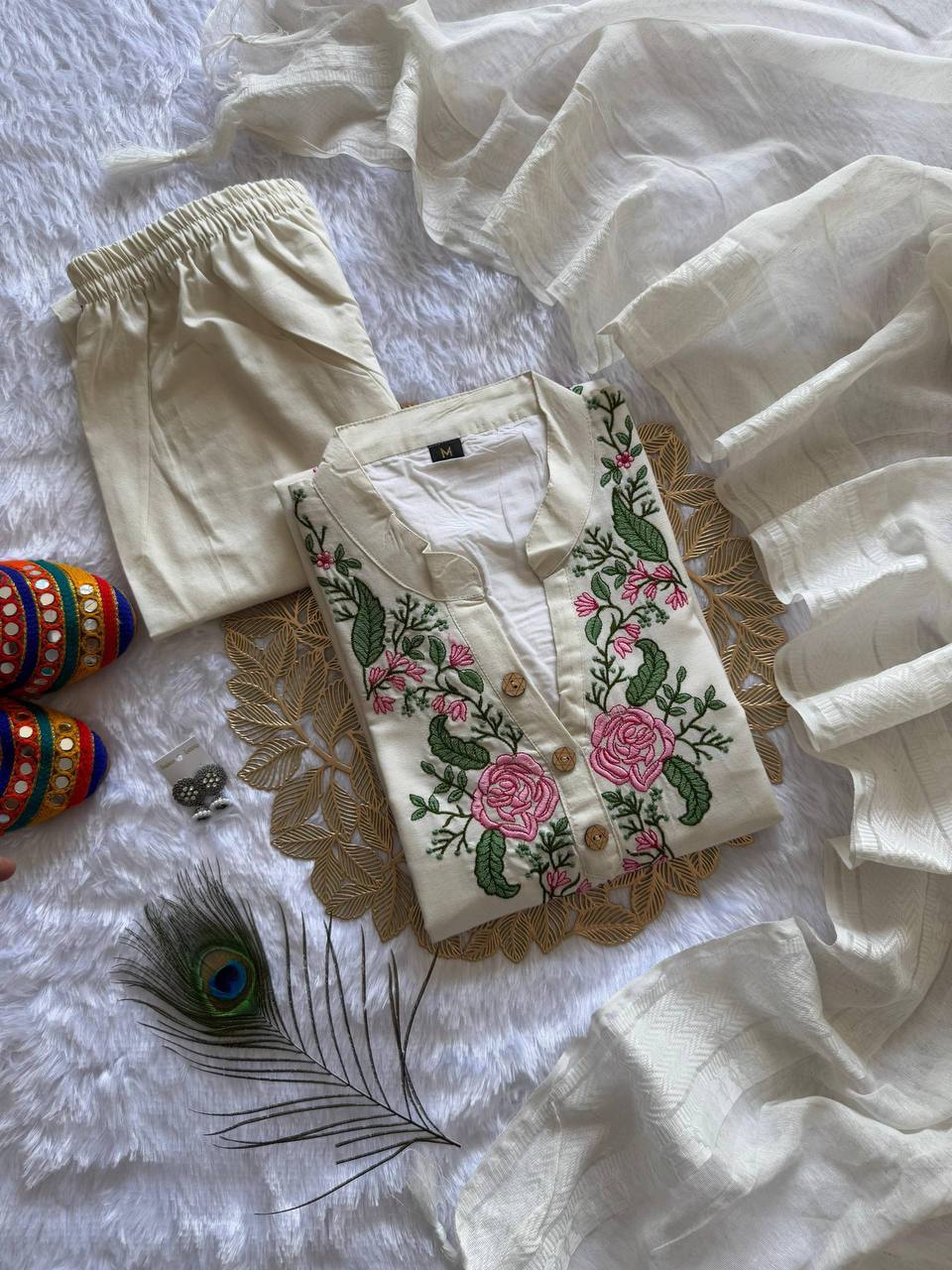 Laksharaa Sarees Cream Floral Kadhi Cotton Kurti Set Cream