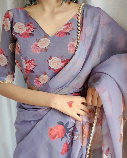 Georgette Floral Saree x Pearl Border