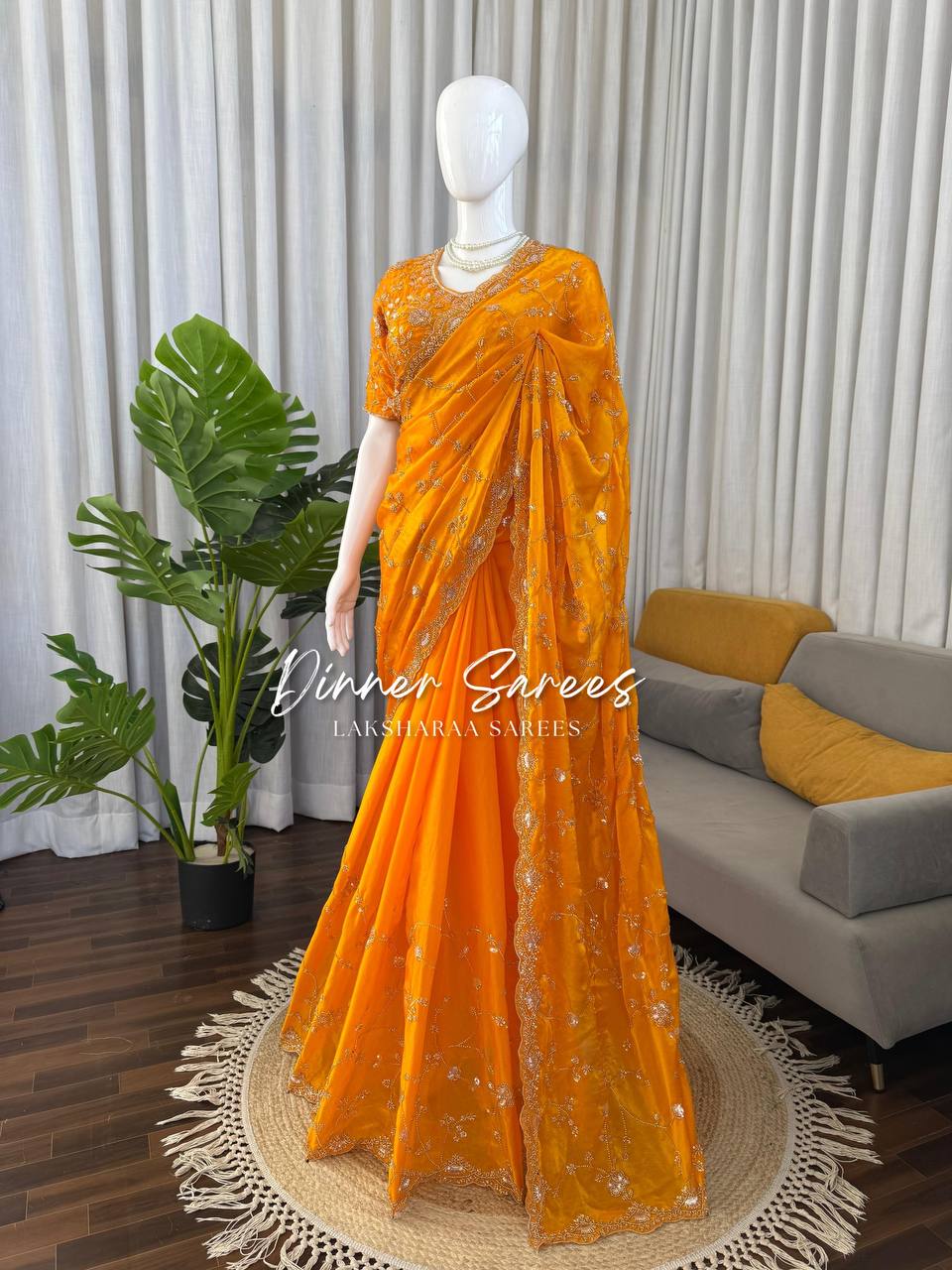 Laksharaa Sarees MEENA Designer Saree Mustard Yellow draped on mannequin, full view