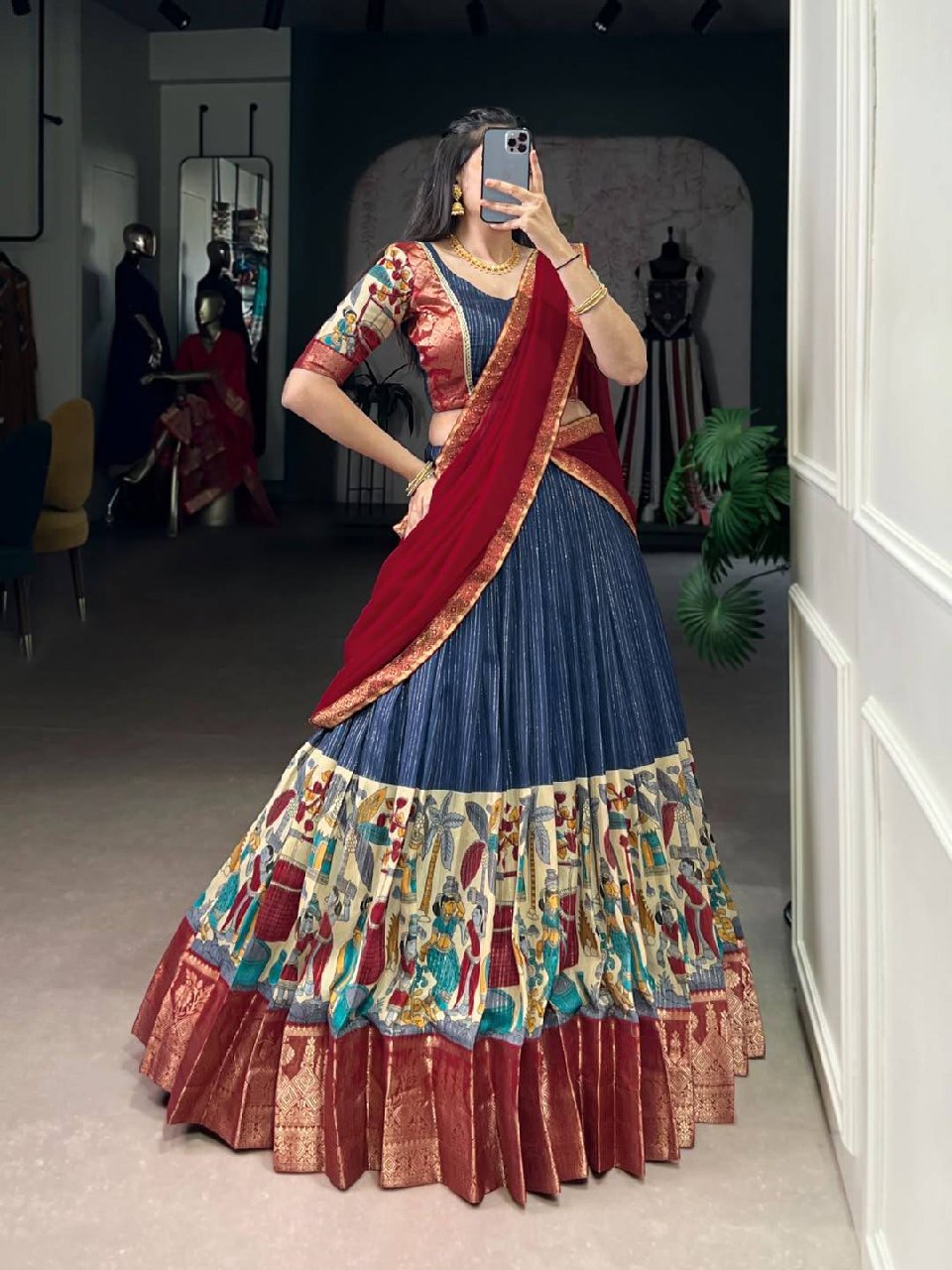 Laksharaa Sarees Kalamkari Chanderi Silk Half Saree Lehenga Blue