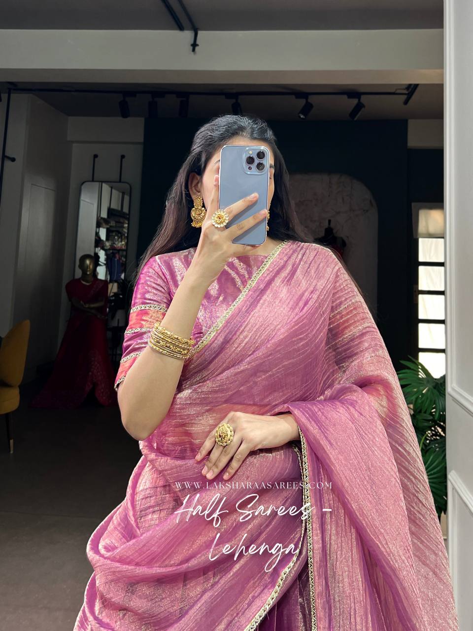 Laksharaa Sarees GEETHA — PINK tissue Zari half saree lehenga Pink