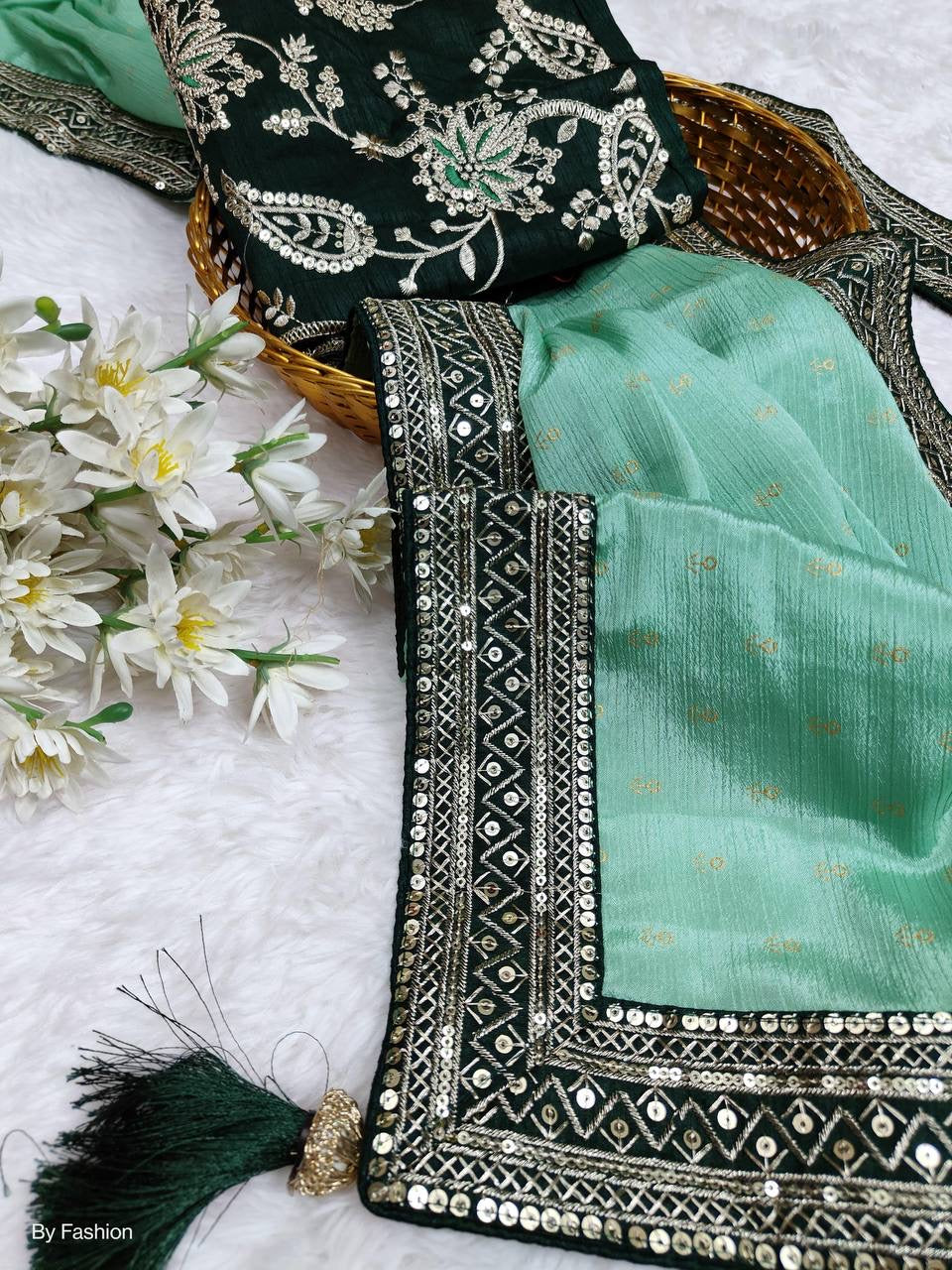 VARUNEE - Georgette Silk Saree x Grand Border + Free Designer Belt