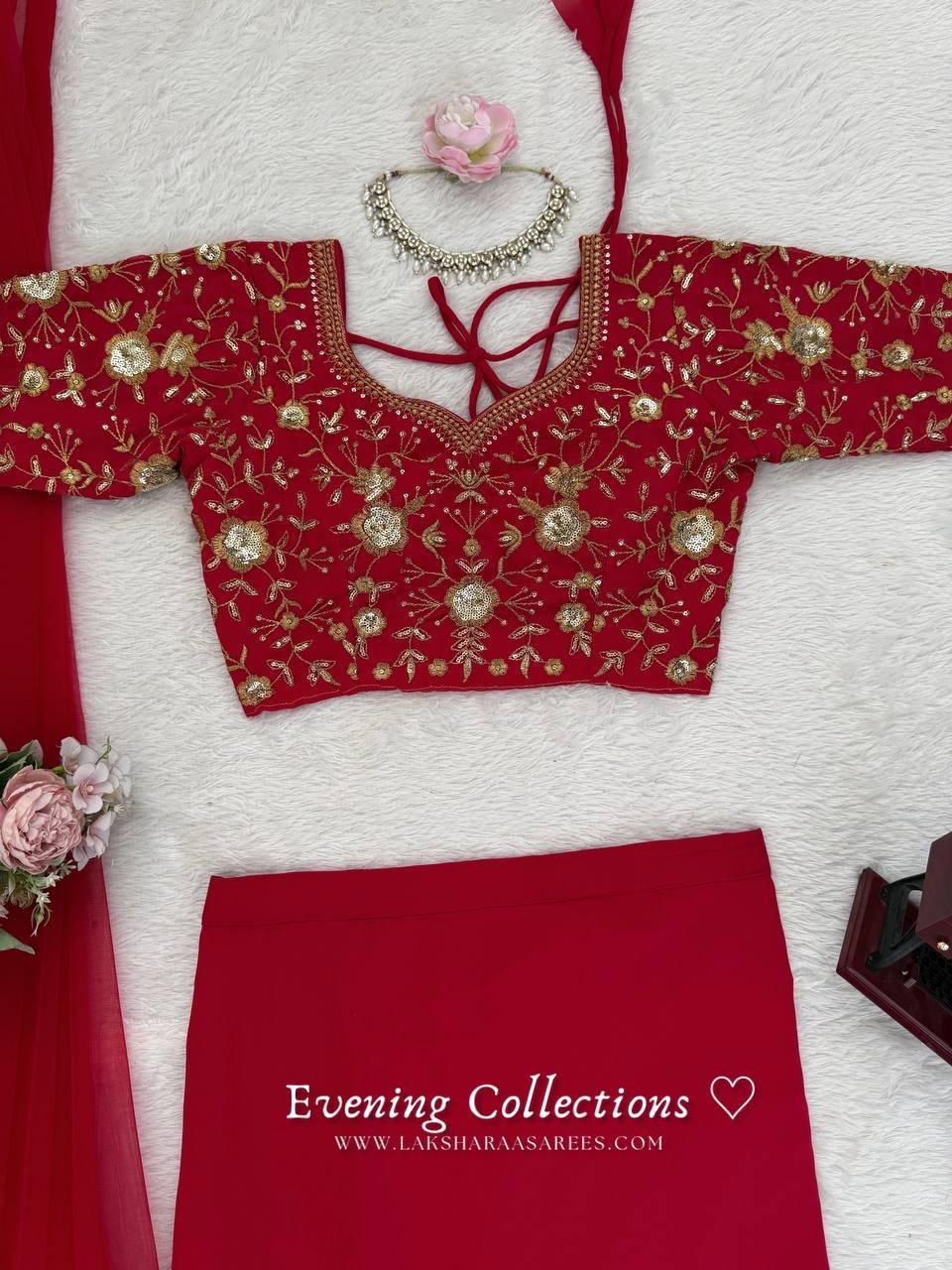 Laksharaa Sarees ELENA Half Saree Lehenga Red Blouse and Skirt Flat Lay Detail