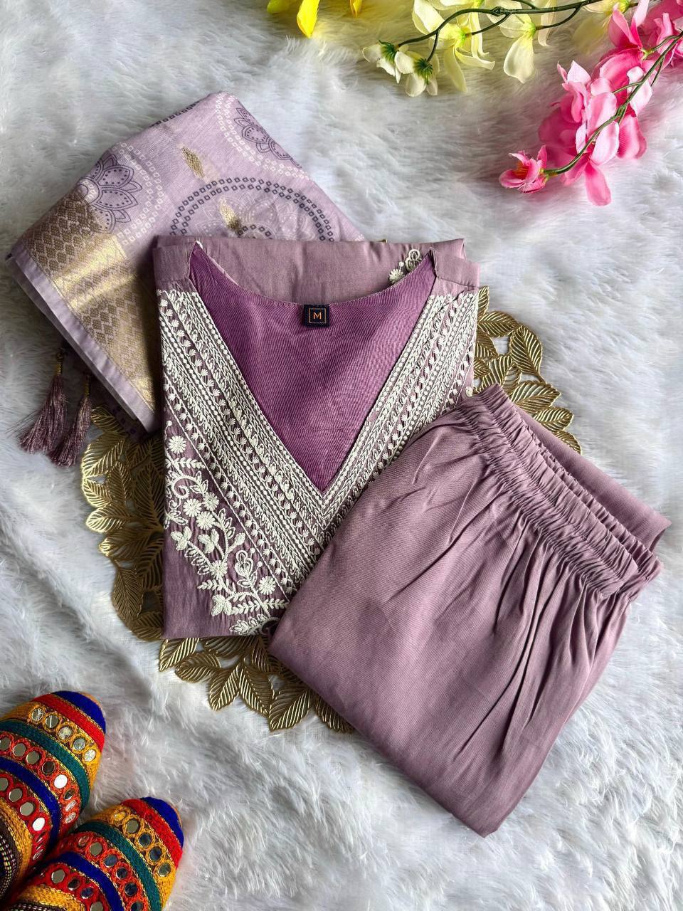 Laksharaa Sarees Lilac Comfy Roman Silk Kurti Set Flat Lay View