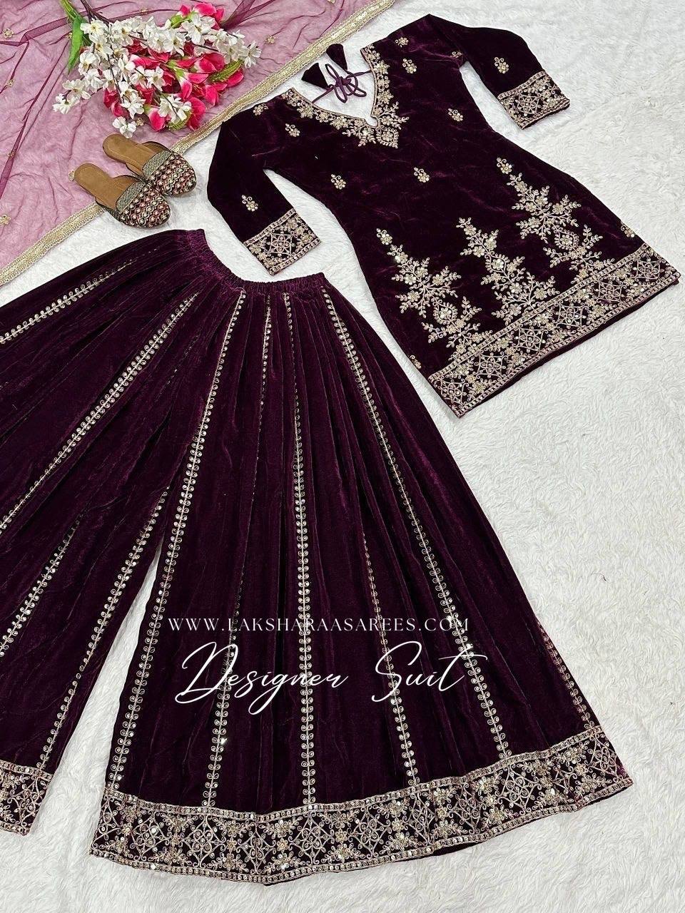 Laksharaa Sarees TABITHA velvet Sharara suit Burgundy flat lay full view