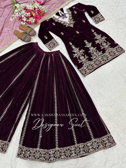 Laksharaa Sarees TABITHA velvet Sharara suit Burgundy flat lay full view