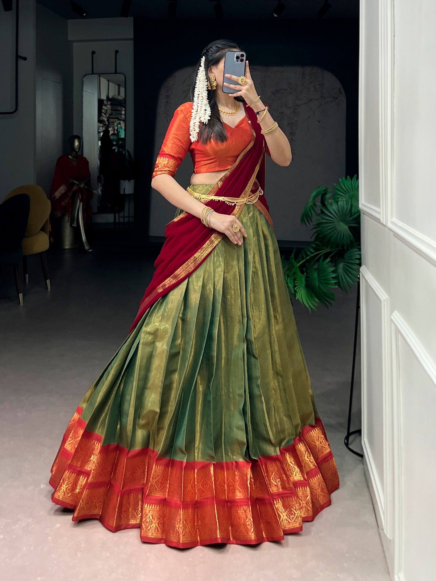 Laksharaa Sarees TARINI - Kanchi Cotton Silk Half Saree Lehenga Olive Green and Red