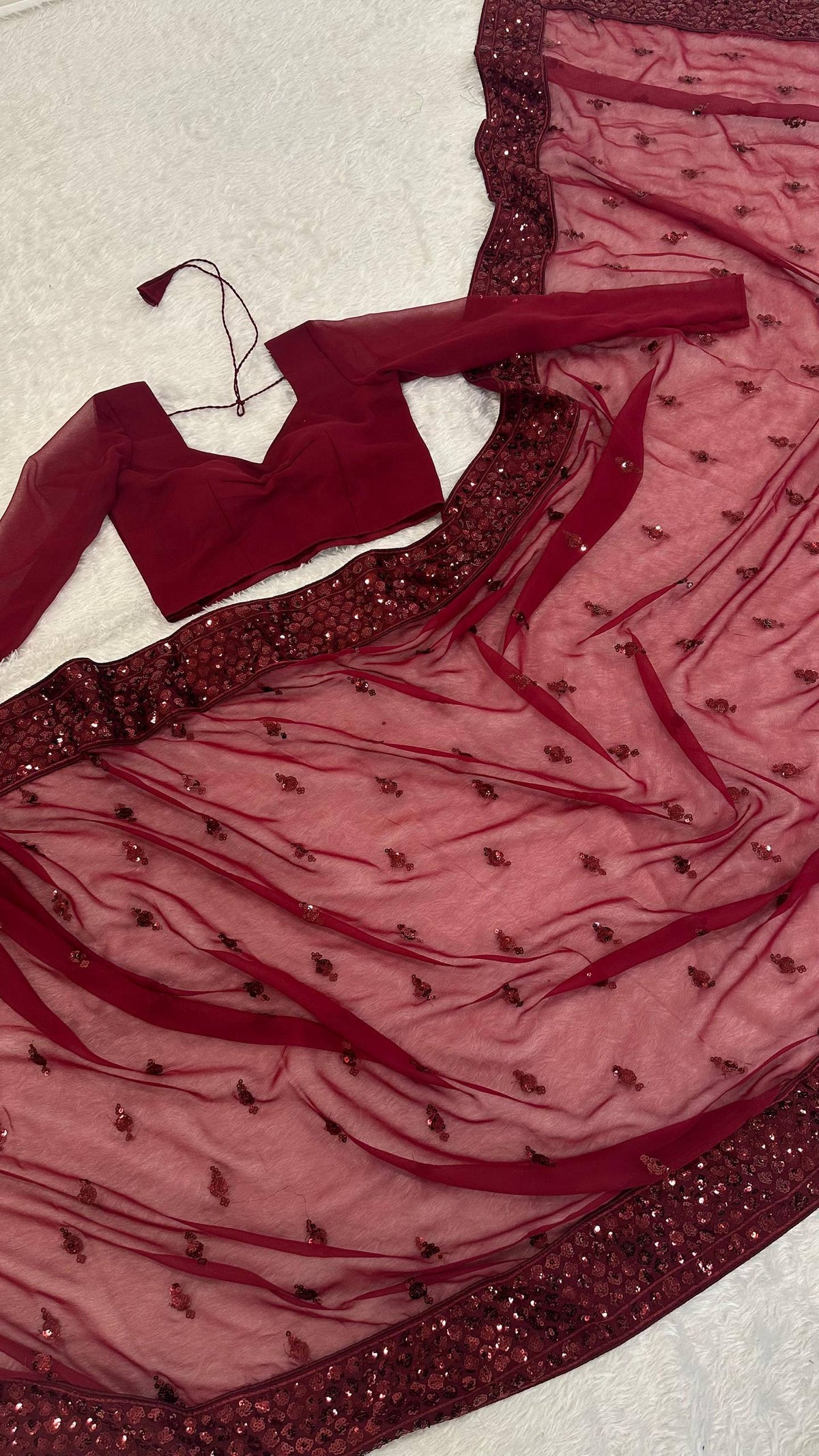 Laksharaa Sarees MAYA — Sequinned Georgette Dinner Saree Burgundy Detailed View