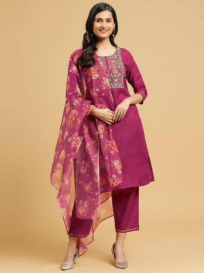 Dark Pink Floral Kurti Set