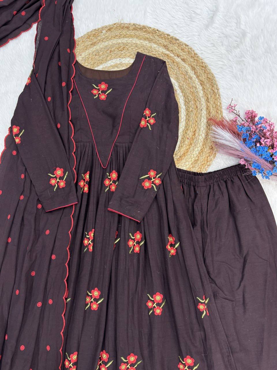 Laksharaa Sarees Floral Cotton Comfy Kurti Set Dark Brown Flat Lay
