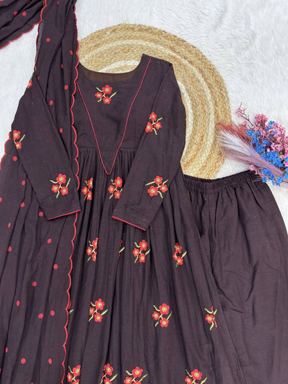 Laksharaa Sarees Floral Cotton Comfy Kurti Set Dark Brown Flat Lay
