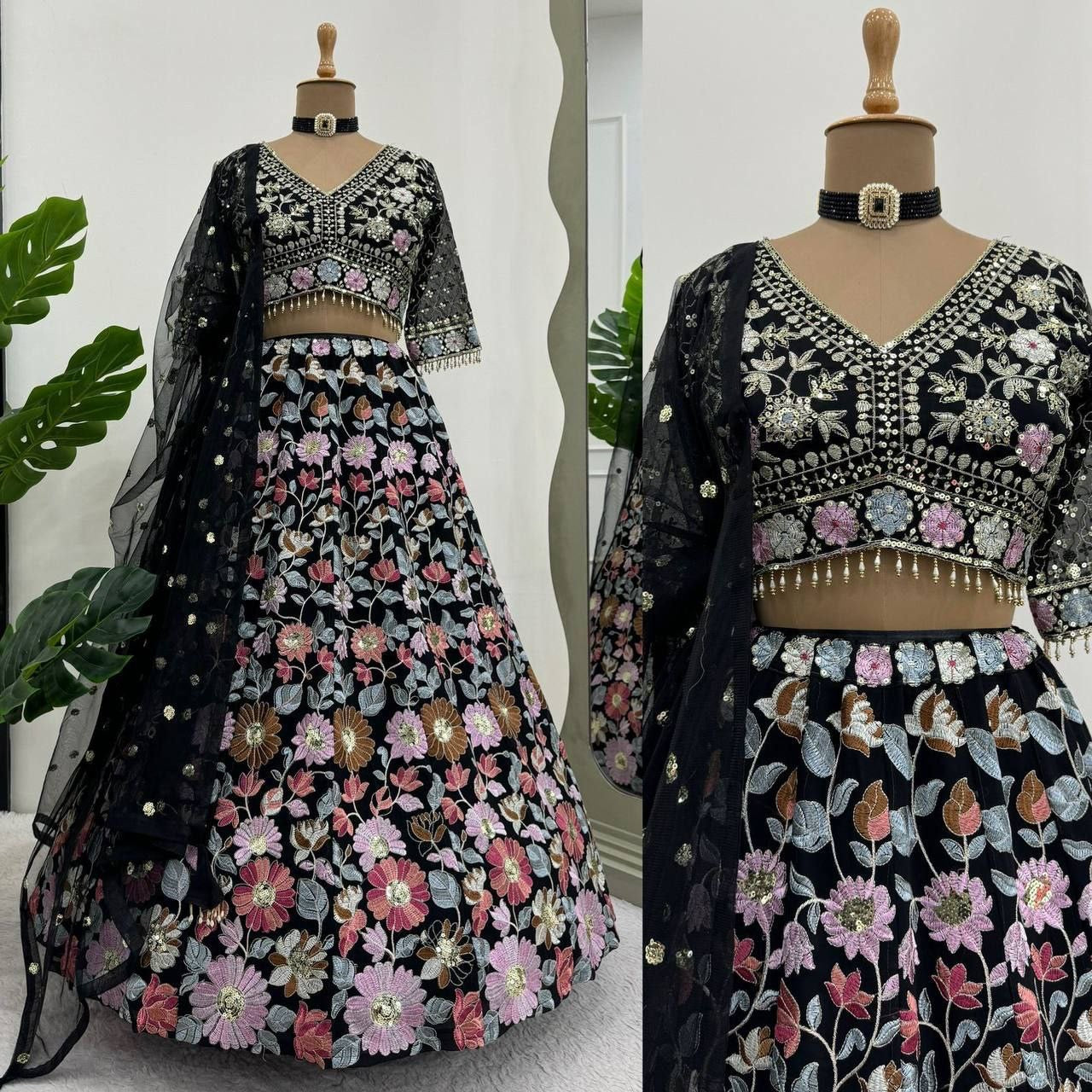 KIRAN - Black Floral Georgette Lehenga