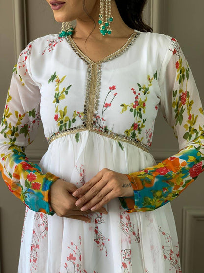 White x Floral Alia Cut Kurti Set